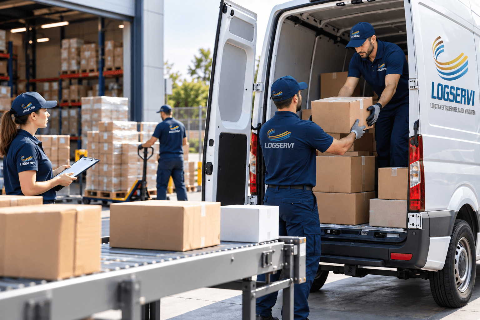 Equipo cargando paquetes en un vehículo de distribución