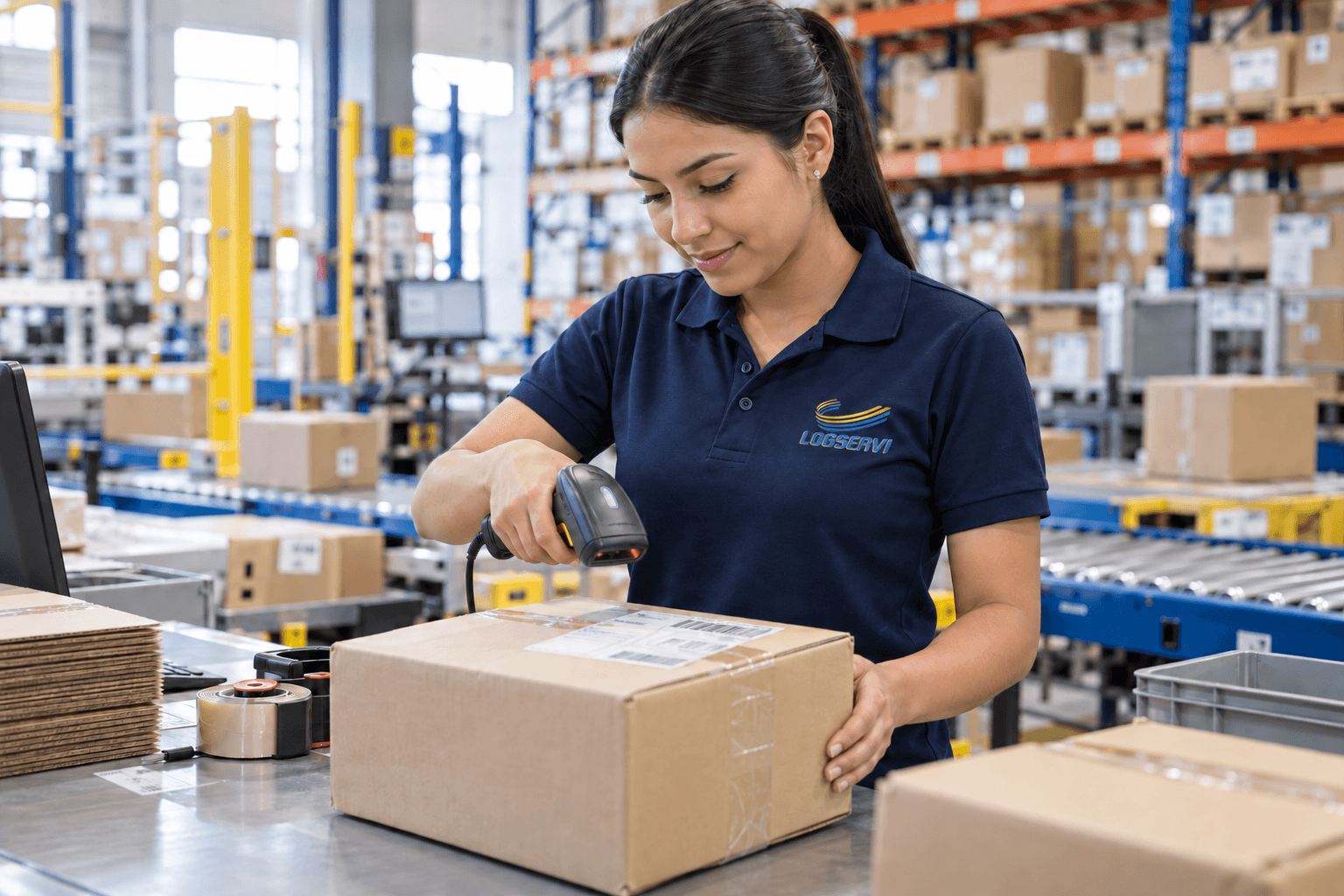 Operaria LOGSERVI realizando picking y packing de un pedido en bodega