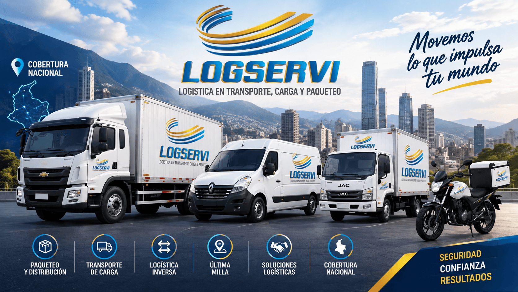 Flota LOGSERVI con camión, van, vehículo de carga y motocicleta